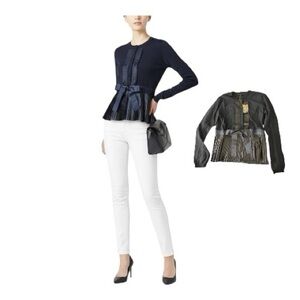 NWT Navy Blue Knit Cardigan Satin Pleated Peplum & Panels & Bow ButtonUp Classic